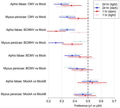 Three Aphid-Transmitted Viruses Encourage Vector Migration From Infected Common Bean (Phaseolus vulgaris) Plants Through a Combination of Volatile and Surface Cues